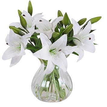 Homcomodar Artificial Flowers Fake Lily 5 Bouquets Fake Flower Bouquet For Home Wedding Party Décorwhite