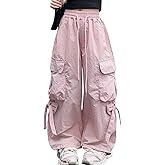 Happy Cherry Girls Cargo Jogger Pants with Bowknots High Elastic Waist Baggy Pants Hip Hop Trousers Casual Streetwear