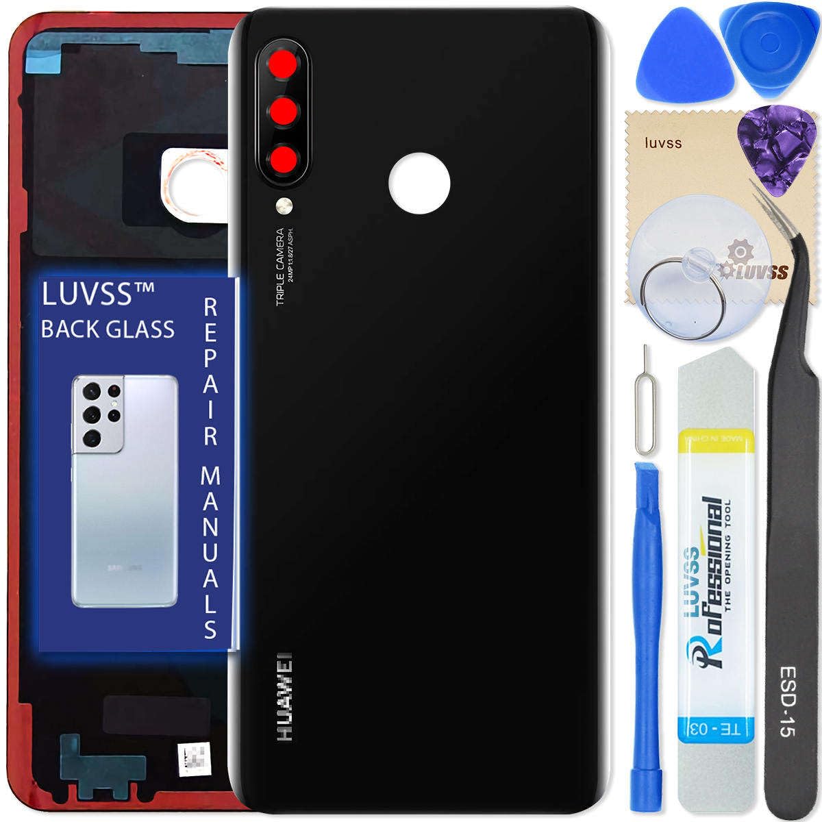 LUVSS Back Glass Cover Replacement Compitable for Huawei P30 Lite Rear Cover + Camera Lens + Repair Manual DIY Tools Kit (Black)