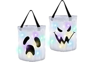 INIFLM 2 PC LED Light Halloween Candy Bags, Light LED up Halloween Trick or Treat Bucket Pumpkin Candy Bags Collapsible Ghost Halloween Basket for Kids Halloween Birthday Party(White)