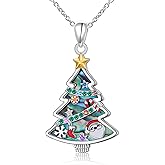 FLYOW Christmas Tree Pendant Necklace for Women S925 Sterling Silver Abalone Christmas Tree with Santa Claus Star Christmas Holiday Jewelry Gifts