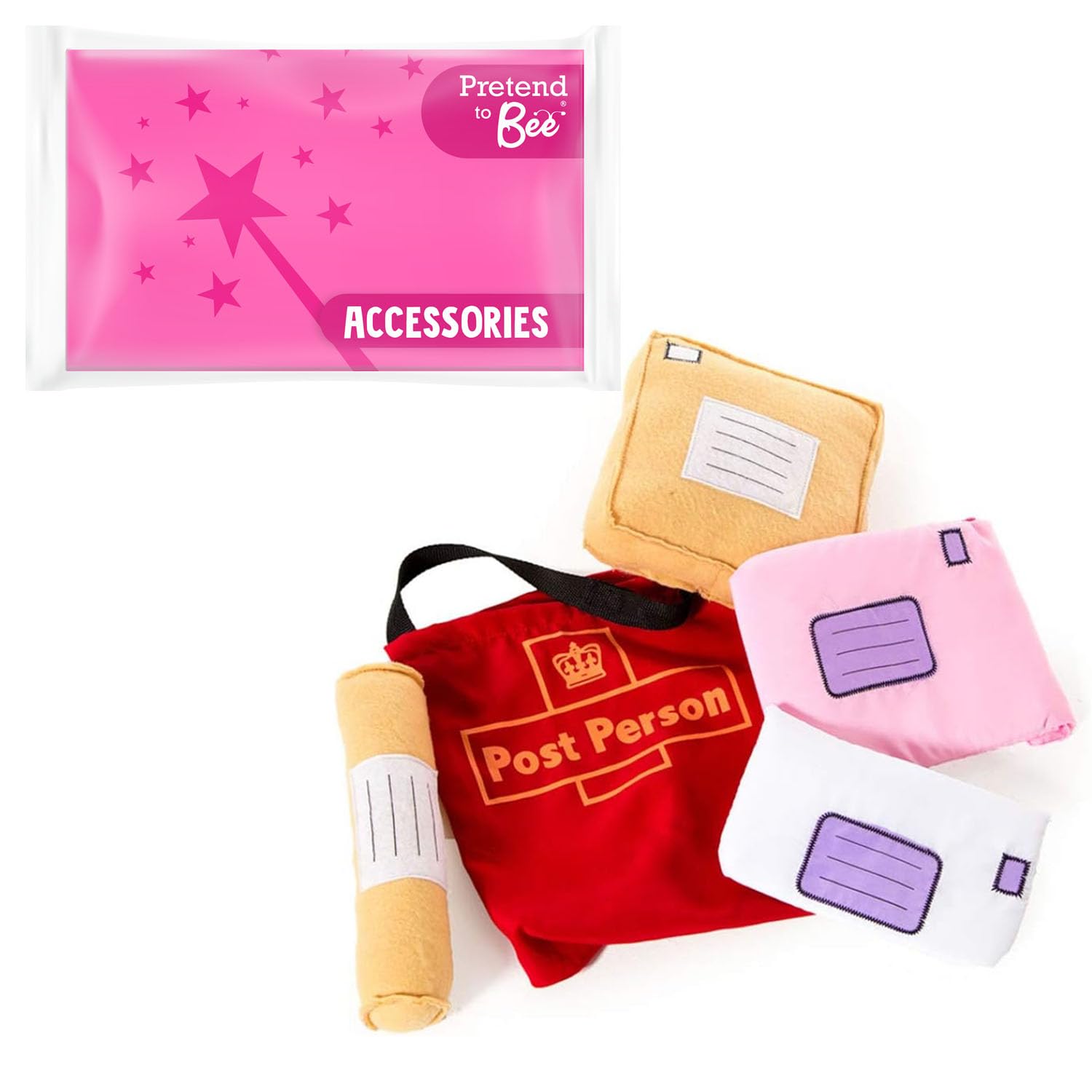 PRETEND TO BEE Postal Worker - Accessories, 5 Piece Soft Play Parcels and Red Postal Bag, 18+ Months, Postie