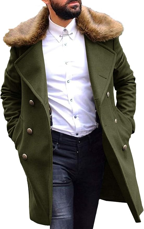 PASLTER Men's Winter Trench Overcoat Removable Faux Fur Collar Top Coat