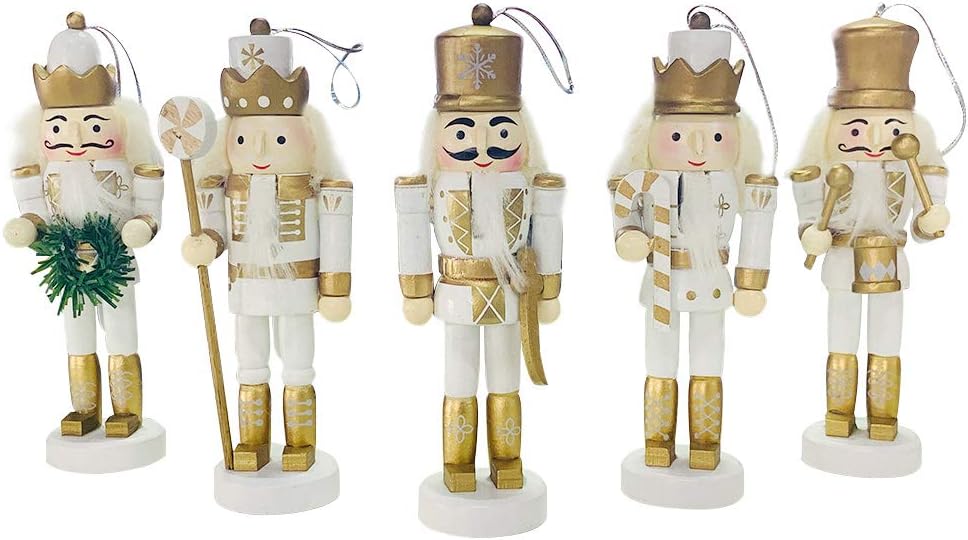 Nutcrackers - BlueSpace Nutcracker Hanging Ornament Figures – Gold and White Christmas Mini Wooden Nutcrackers Decoration Xmas Tree Ornament Set – 5'',Set of 5pcs