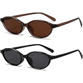 YouthMall Retro Oval Sunglasses for Women Small Oval 90s Sunnies Trendy Narrow Cat Eye Vintage Shades 2 Pack