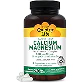 Country Life Target-Mins Calcium Magnesium with Vitamin D-Complex, 1000mg/500mg/10mcg, 240 Vegan Capsules, Certified Gluten Free, Certified Vegan