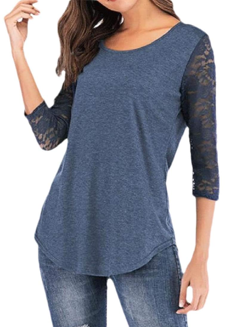 Buy Smeiling Women's Lace Solid Color Crew Neck TunicTop 3/4 Sleeve