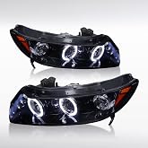 Autozensation Headlights For 2006-2011 Honda Civic Black Left+Right | Fits 2006-2011 Honda Civic 2DR Glossy Black Housing Smoke Lens Projector Headlights with Dual Halo &amp; LED Lights