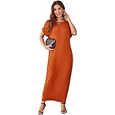 Verdusa Women's Short Sleeve Loose Long Maxi Lounge Dress with Pockets Rust Brown Large