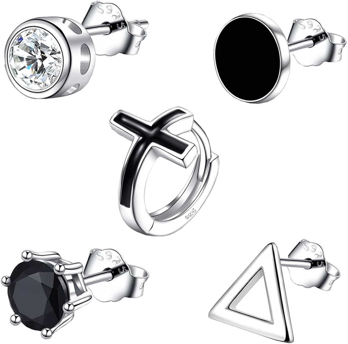 Herren Ohrringe Set, 5 Stück Ohrstecker für Männer Jungen aus 925 Sterling Silber und Schwarz