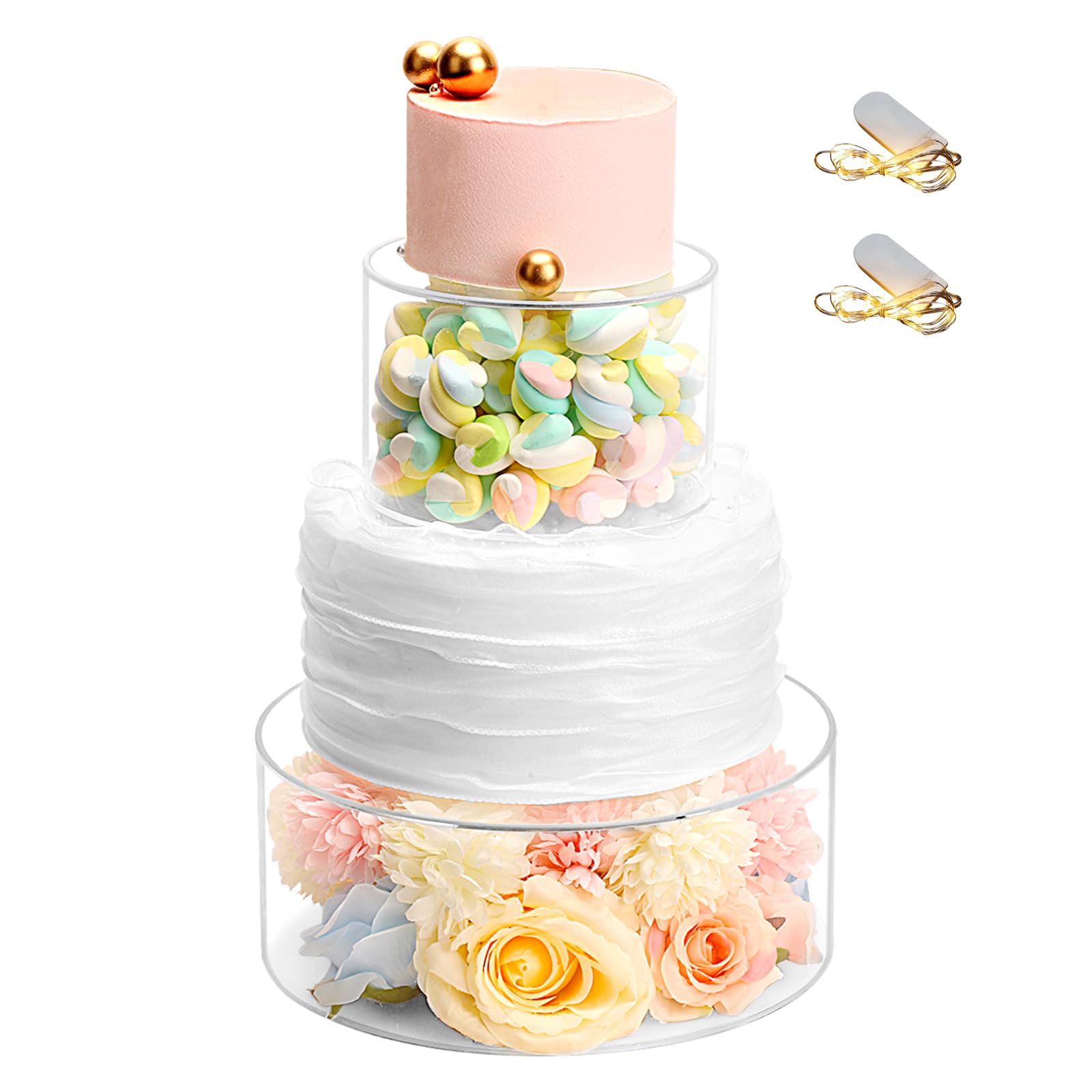 Photo 1 of Choowin 2 Pcs Acrylic Cake Stand Fillable Cake Stand Floating Clear Cake Stand Cake Riser Cake Tier Cake Display Round Cake Stand Birthday Wedding Cake Stand Cylinder Stand for Party(10 inch,6 inch)