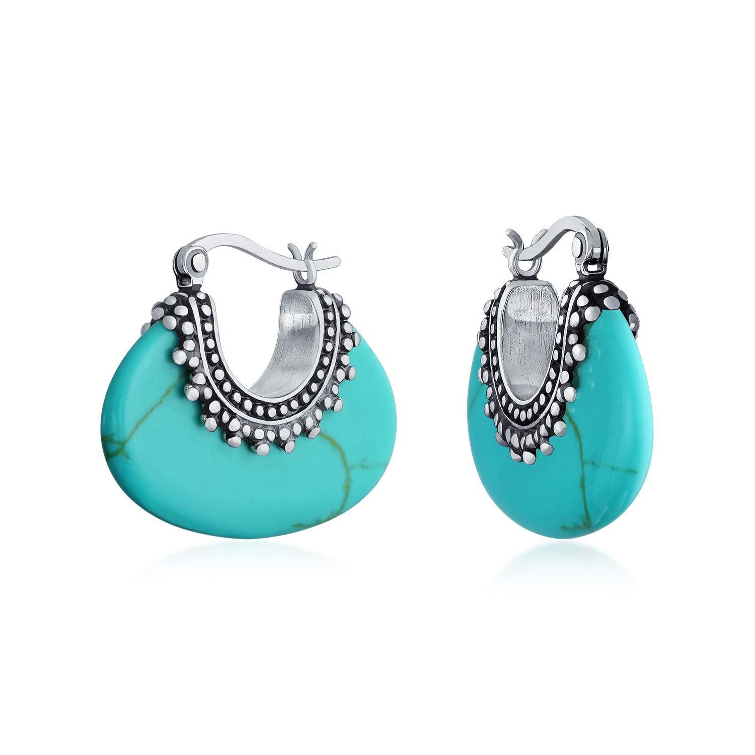 Boho Bali Style Tribal Blue Stabilized Turquoise Oval Half Crescent Hoop Earrings For Women Oxidized Milgrain Caviar Bead 925 Sterling Silver — image 1