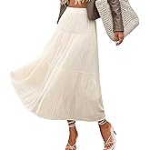 Women's Boho Maxi Skirt Summer Flowy Ruffle Long Skirts Flared Tiered A-Line Elastic High Waist Pleated Beach Skirt