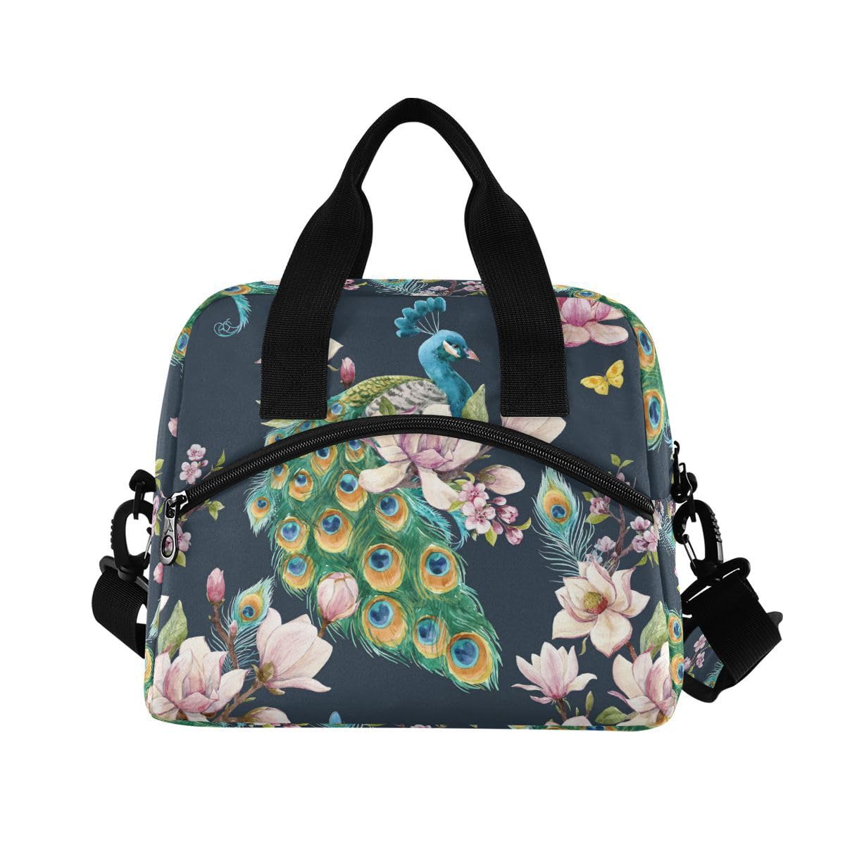 ALAZA Lunch Bags for Women Girls Boys, Vintage Peacock and Orchid Flower Insulated Lunch Box with Shoulder Straps and Handle, Crossbody Tote Lunch Bag for School Office