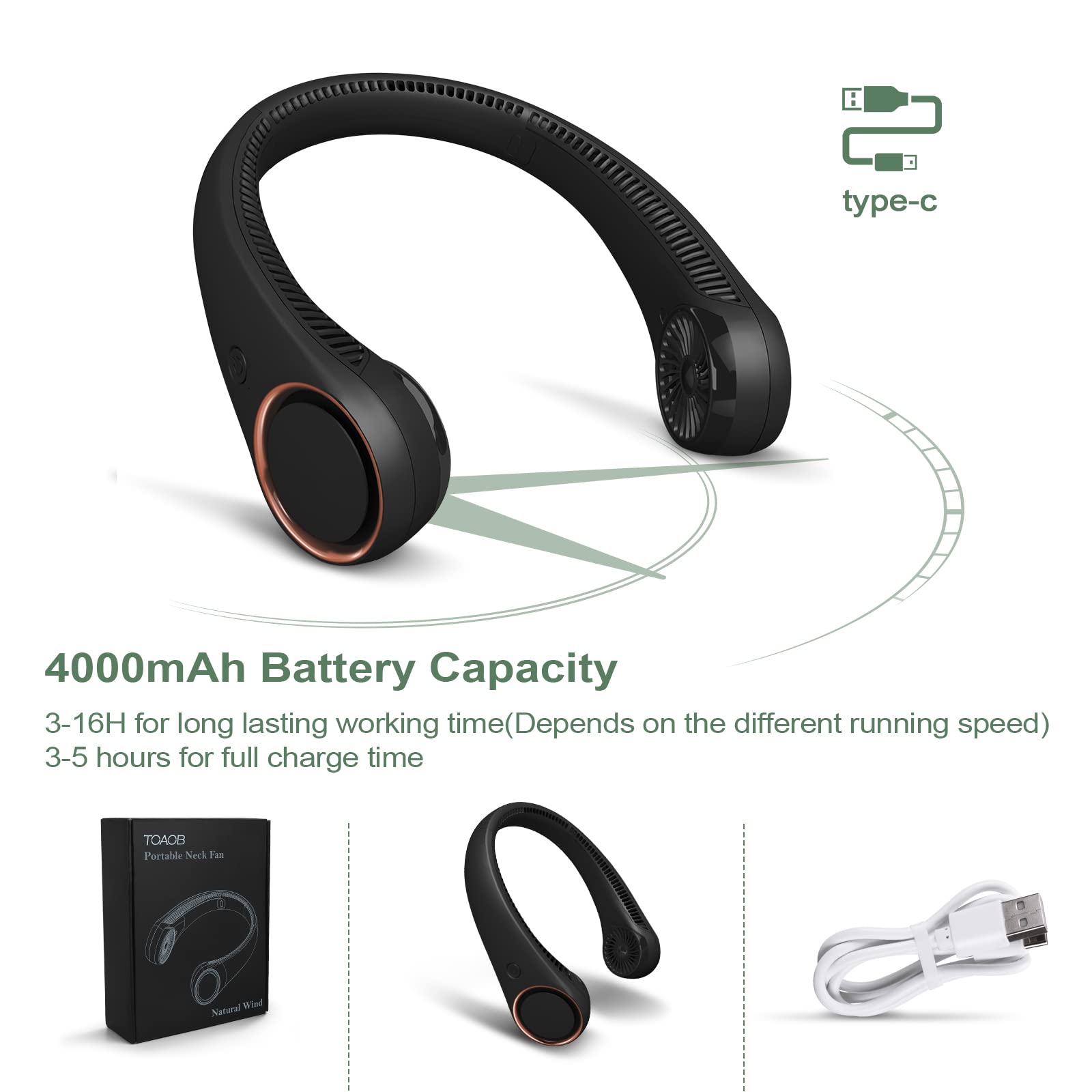 TOAOB Portable Neck Fan, No Handheld Bladeless Fan, Rechargeable Wearable Personal Fan, Leafless Neck Cooling Air Conditioner, Headphone Design, 3 Speeds, USB Powered Neck Fan-Black
