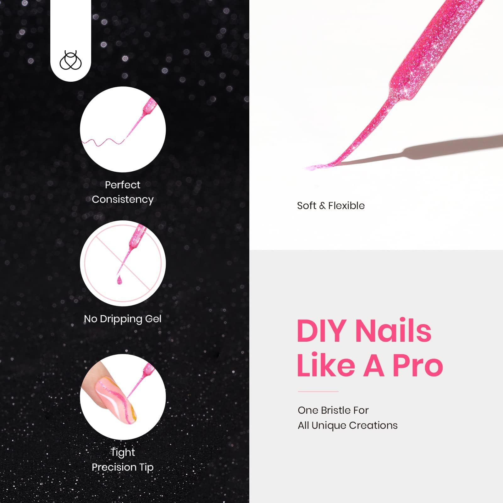 Beetles Gel Liner Nail Art, 6 Colors Reflective Glitter Gel Nail Polish Neon Purple Green Hot Pink Yellow Swirl Glow in the Dark Nail Art Polish, Sparkly Diamond Built Thin Nail Brush in Bottle