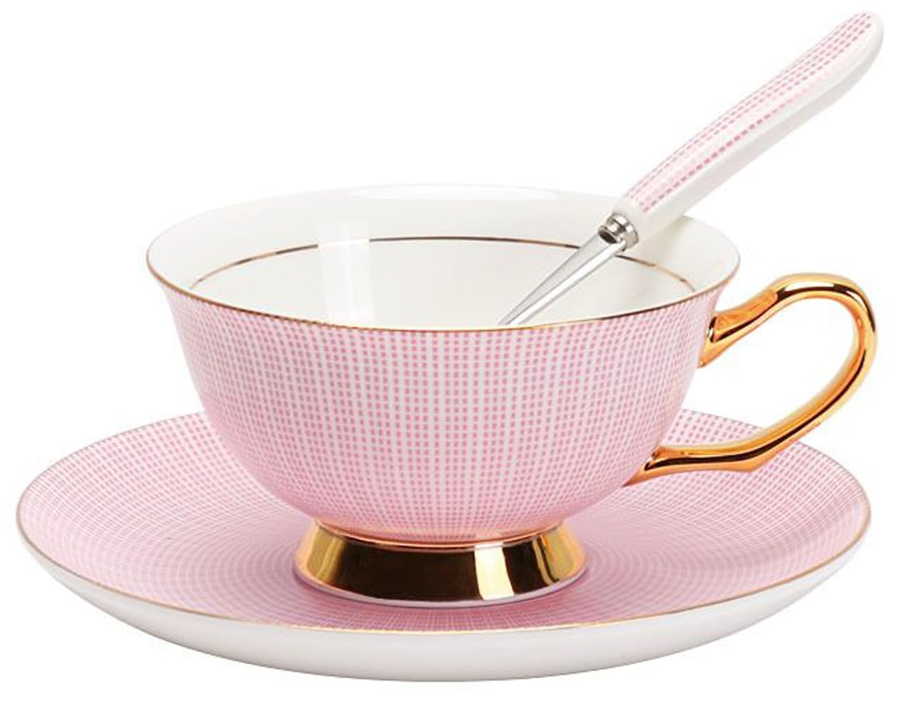 Eplze Bone China Cup and Saucer Set, 6.8oz Coffee Cup for Afternoon Tea- Embossed Texture (Pink)