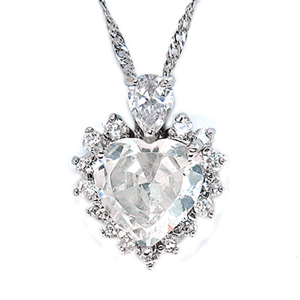 RIZILIA Ocean Heart Pendant with 18" Chain & Heart Cut Gemstones CZ [White Topaz] in 18K White Gold Plated, Simple Modern Elegance
