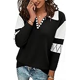 ANCAPELION V Neck Sweaters for Women Long Sleeve Colorblock Striped Knitted Pullover Fall Loose 2025 Trendy Jumper Tops