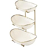 MEIGLQEA White Fruit Bowl with Gold Metal Stand, 3 Tier Modern Ceramic Fruit Bowl Fruit Rack for Kitchen Counter, Tiered Frui