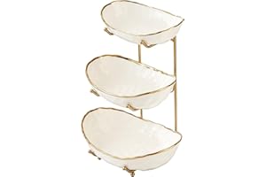 MEIGLQEA White Fruit Bowl with Gold Metal Stand, 3 Tier Modern Ceramic Fruit Bowl Fruit Rack for Kitchen Counter, Tiered Frui