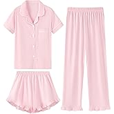 QZH.DUAO 3 Piece Girls Pajama Sets 100% Cotton Ruffle Long Pants with Shorts Sleepwear 3pcs Button Down PJs 5-14 Years