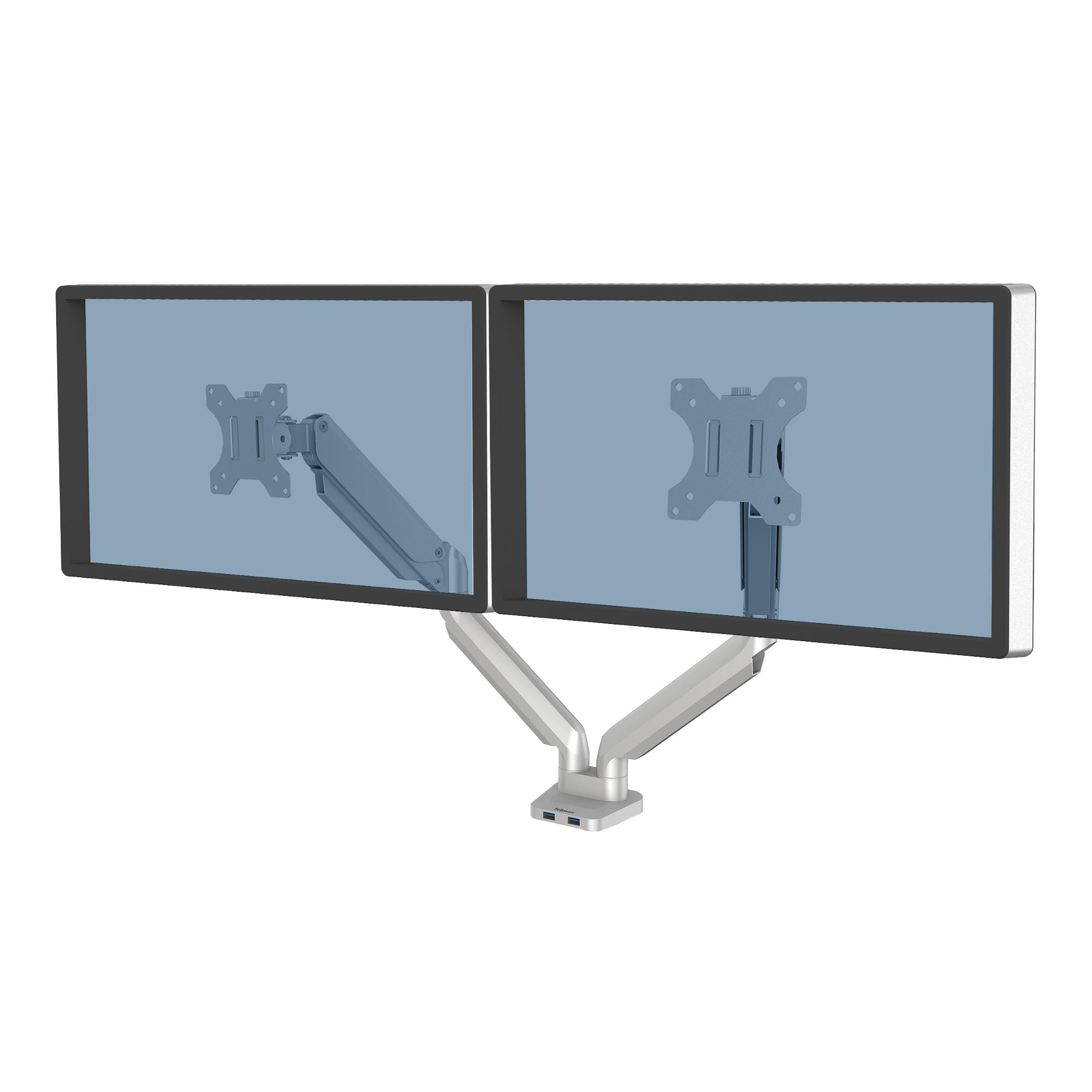 Fellowes Monitor Halterung 2 Monitore bis je 32 Zoll (81,28 cm), Platinum Series Monitor Arm mit Gasfeder, USB Ports - Befestigung mit Klemme oder an Kabeldurchlass - Farbe: Silber