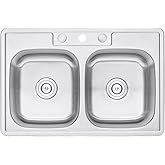 CozyBlock 33 inch Topmount Drop-In Stainless Steel 18 Gauge Double Bowl 50/50 Kitchen Sink w/ 3 Faucet Holes (Sink Only)