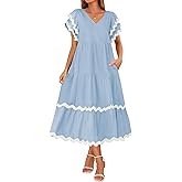 ZESICA Womens 2026 Summer Casual Midi Dresses V Neck Flutter Short Sleeve Ruffle Tiered A Line Flowy Beach Long Dress