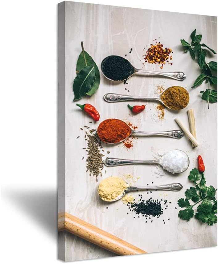 iHAPPYWALL Kitchen Picture Wall Decor Spoons of Spices Colorful Vintage Still Life Food Artwork Print on Canvas For Dining Room and Restaurant Decoration Stretched and Framed Ready to Hang 24x36inch