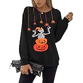 zarmfly Women Halloween Sweatshirts Pumpkin Face Dancing Skeleton Shirt Long Sleeve Sweater Funny Graphic Pullover