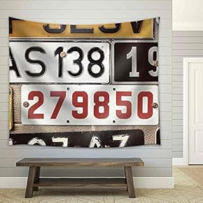Sepia Toned Image of Old Number Plates on a Metal Garage Door - Fabric Wall Tapestry Home Decor - 51x60 inches