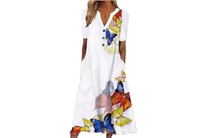 MZKDIEEY Women's 2023 Casual Summer Maxi Dresses Short Sleeve Empire Waist Shift Dress Floral O Neck Beach Dress with Pockets