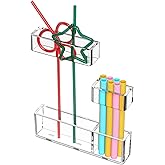 Kucle Acrylic Straw Organizer for Cabinet Door - 5.8'' Transparent Adjustable 3-Part Reusable Drinking Straw Holder Dispenser Kitchen Accessories Container Cupboard Door Mounted