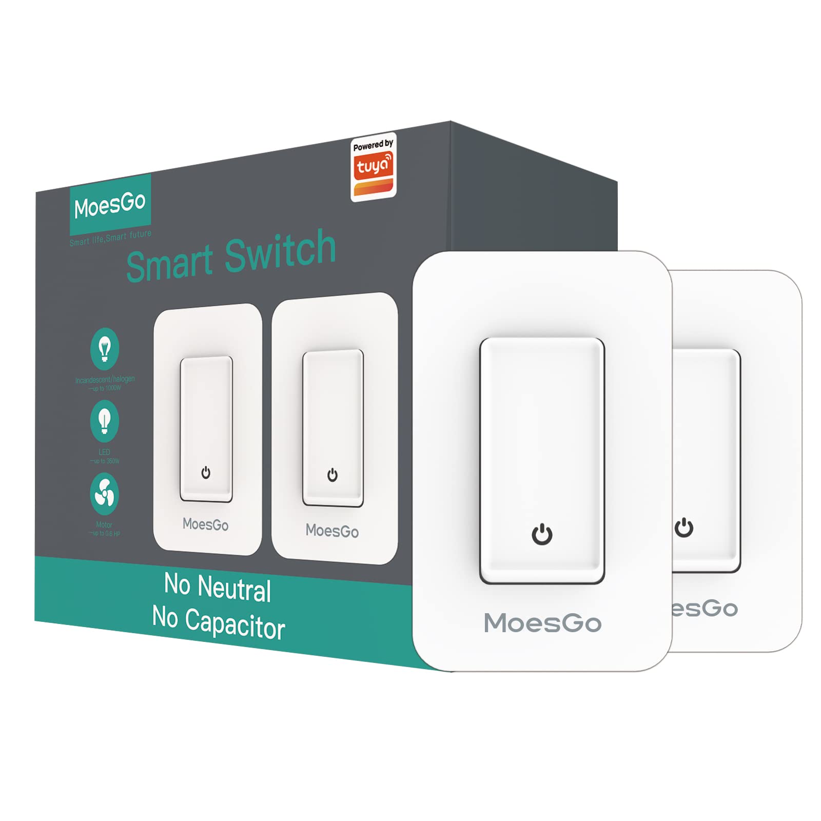 Photo 1 of MoesGo WiFi Smart Single Fire Wall Light Switch,No Neutral Wire Need, Single Pole, Smart Life/Tuya Remote Control, Work with Alexa and Google Home Assistant 110V Minimum 7w White ?2 Pack?