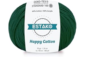 Estako Happy Cotton, 60% Cotton 40% Acrylic Yarn, Soft, Fine/Sport (2) for Crochet and Knitting 1.76 Oz (50g) / 180 Yrds (165m) (4930 - Dark Green)