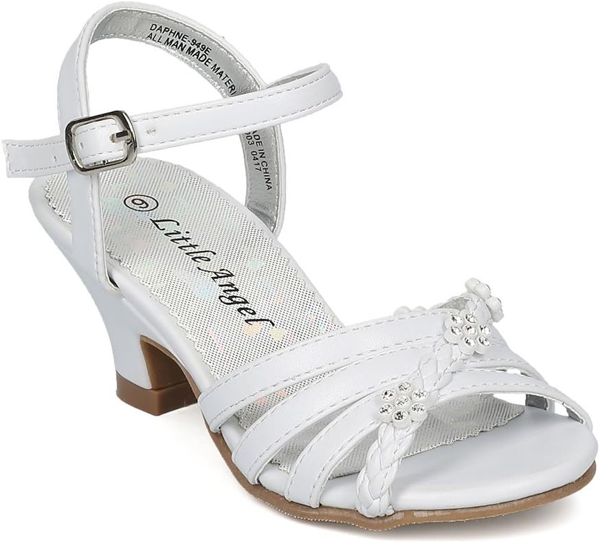 Girls Open Toe Rhinestone Flower Ankle Strap Kiddie Heel Sandal HC28 - White Leatherette (Size: Toddler 9)