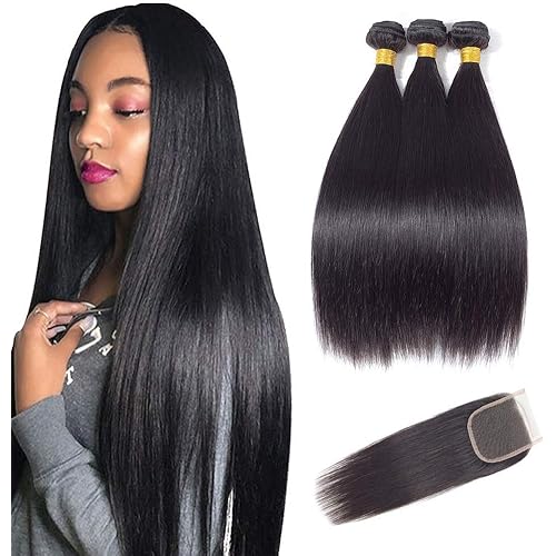 12A Remy Straight Human Hair with Closure Brazilian Straight Human Hair 3 Bundles with Lace Closure 100% Virgin Straight Human Hair with Free Part Swiss Lace Closure Natural Black