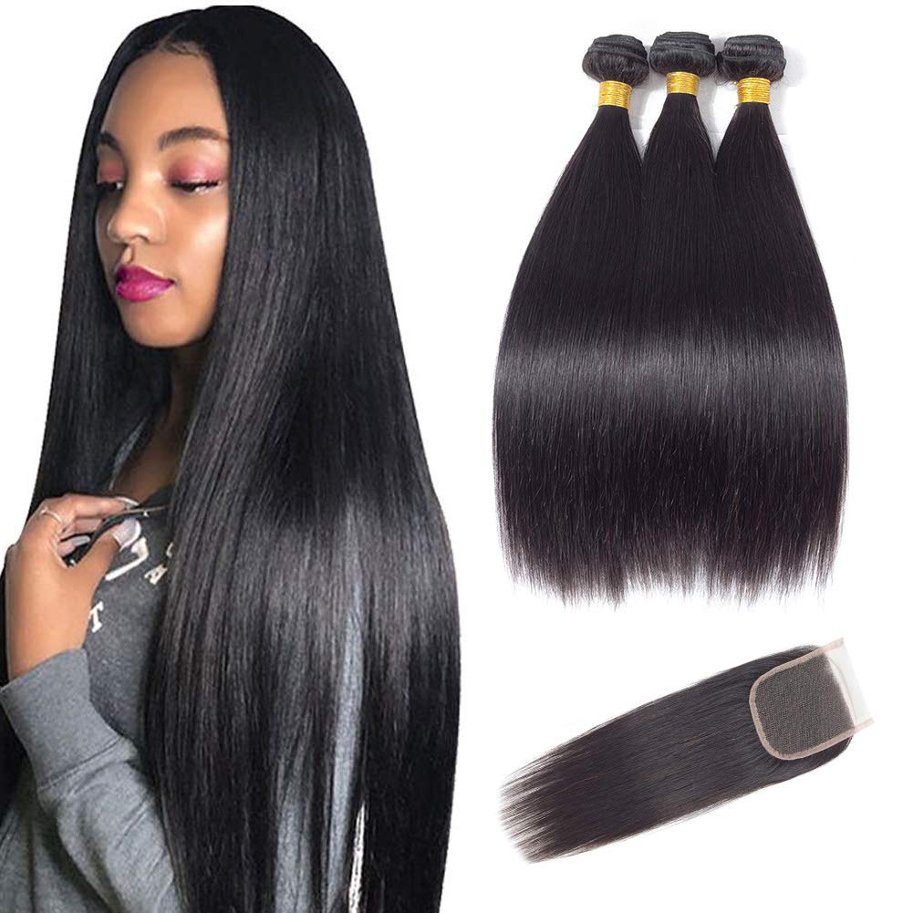 12A Remy Straight Human Hair with Closure Brazilian Straight Human Hair 3 Bundles with Lace Closure 100% Virgin Straight Human Hair with Free Part Swiss Lace Closure Natural Black