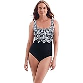 Longitude by Mimi Flamingo Women's Swimwear Garland Edge Double X-Back Tank One Piece Swimsuit, Black/White, 10