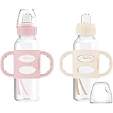 Dr. Brown's Milestones Narrow Sippy Spout Bottle with 100% Silicone, Easy-Grip Handles and Soft Sippy Spout, 8oz/250mL, Light Pink and Ecru, 2-Pack, 6m+