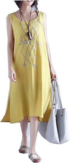 ワンピース 刺繍 レディース 膝丈 キャミワンピース ノースリーブ 大きいサイズ 半袖 韓国 春夏秋 イエロー L ワンピース チュニック 通販 Amazon