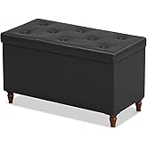 GLAXYFUR 30 Inches Storage Ottoman Bench with Wooden Legs, Faux Leather Folding Ottoman Foot Rest, Storage Bench for Living Room, Hallway & Bedroom, Black