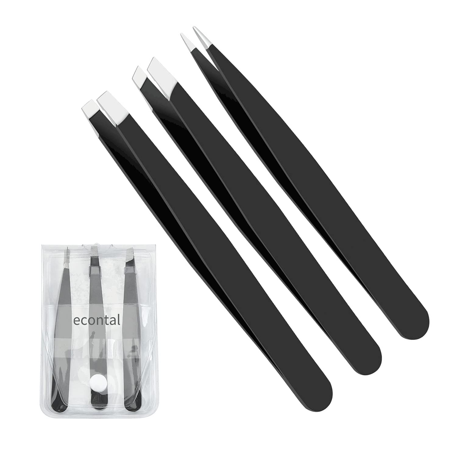 Econtal Tweezer Set Black in Case, Straight Angled Pointed Tweezers, Hair Plucking, Splinter Removal, Elegant, Professional, Stainless Steel