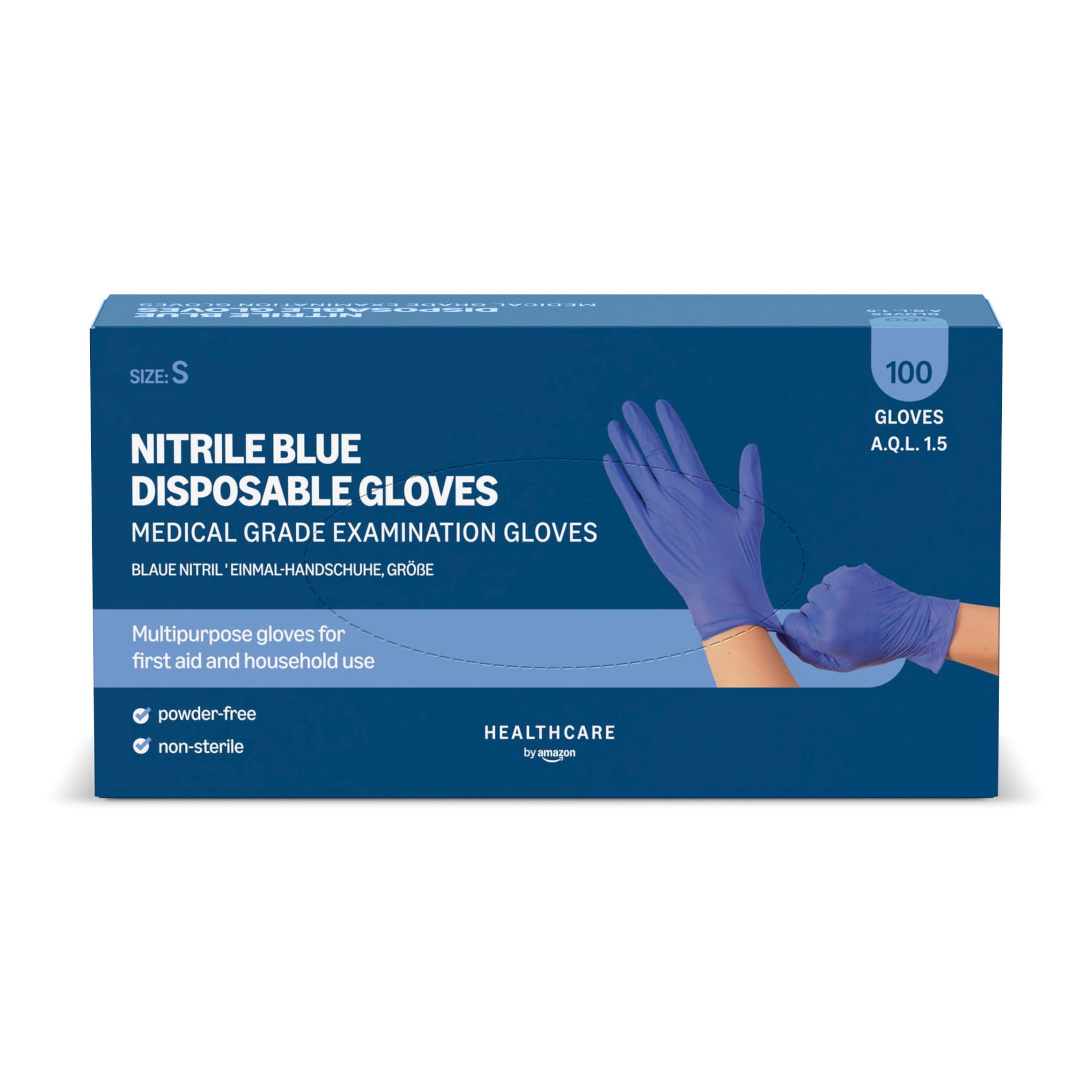 Amazon Basic Care Nitrile Blue Disposable Gloves, Powder-free, Size S, 100 Count (Previously Hevea Brand)