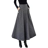 Plaid Wool Skirt for Women Fall Winter Long A-Line Vintage High Waist Pleated Tartan Swing Skirts