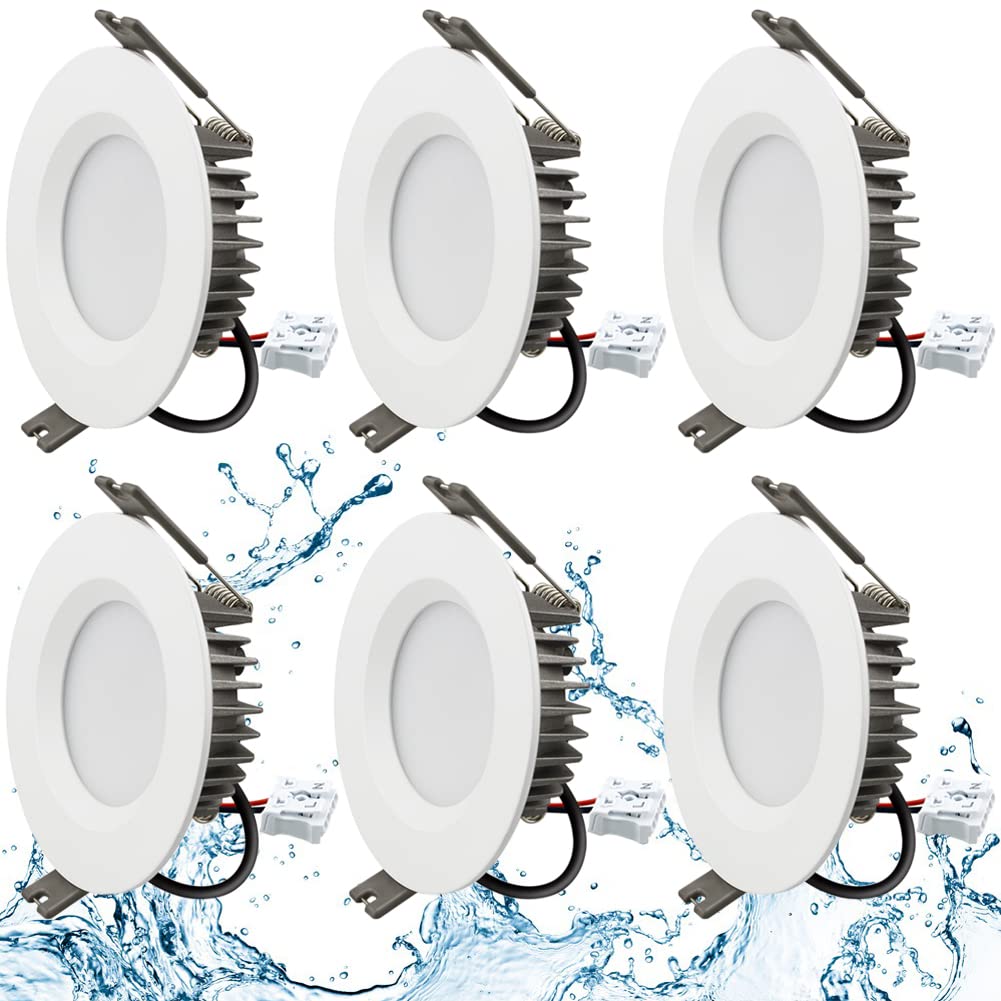 Szzilian Recessed LED Ceiling Light, IP65 Soffit Bathroom Lights Ceiling, 7W LED Waterproof Spotlights Downlight for Bathroom Shower Kitchen, Cut Φ70-90mm Hole, 6 Pack [3000K Warm White]