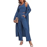 Ekouaer Women's 3 Piece Knit Lounge Set Pajama Long Sleeve Cardigan Sleeveless Top Pants SweatsuitCadet BlueXX-Large