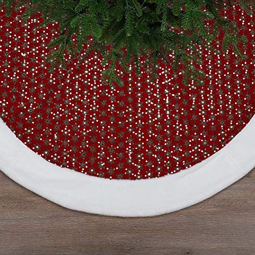 ExcMark 48 inch Red and Gold Christmas Tree Skirt with Faux Fur Border and Sequins