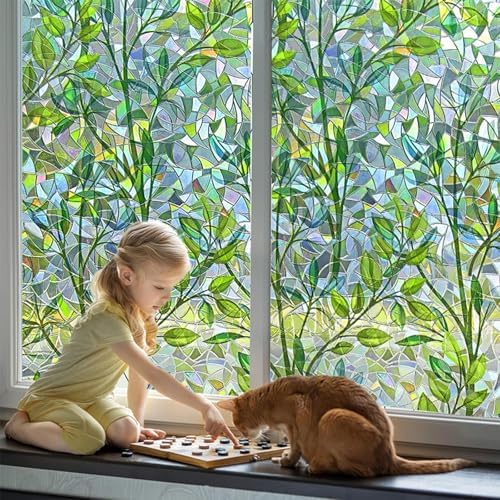 KOWVOWZ 3D Stained Glass Privacy Window Film, Green Leaves Door Film, UV Sun Blocking Window Films, Reusable 3D Decals Non-Adhesive Window Vinyl Stickers for Living Room Kitchen Office (44.5x200cm)